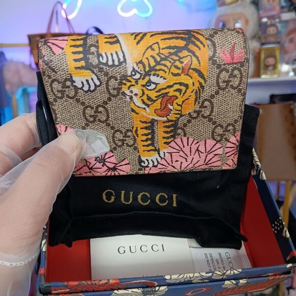 Gucci GG Supreme Canvas Brown Leather Tiger Compact Wallet Full Set - Picture 1 of 15